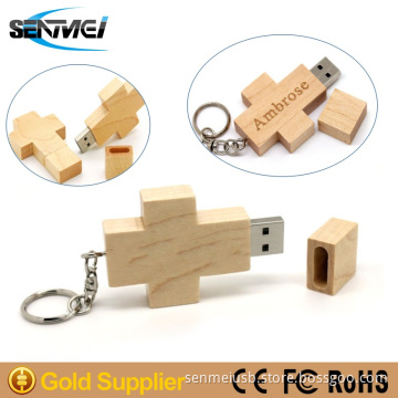 Promotional Wholesale Cross-shaped Wooden USB With Key Ring